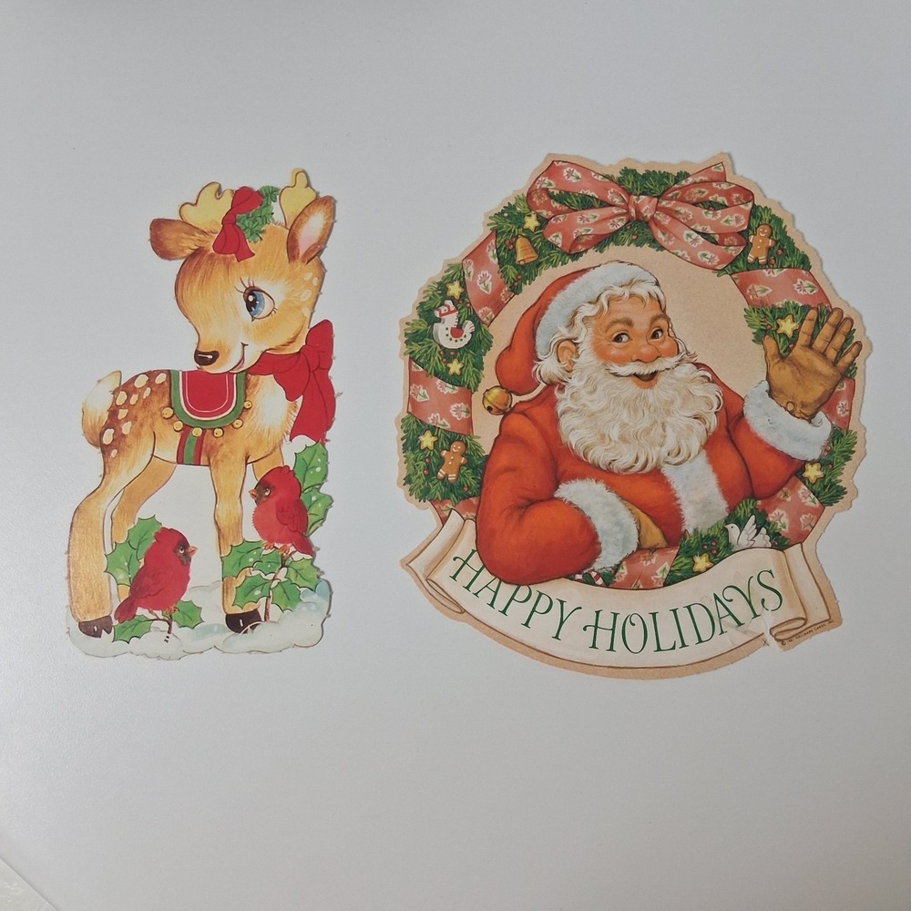 2 80s Vintage Christmas Die CutOuts Santa Deer Hallmark Paper Ephemera Retro